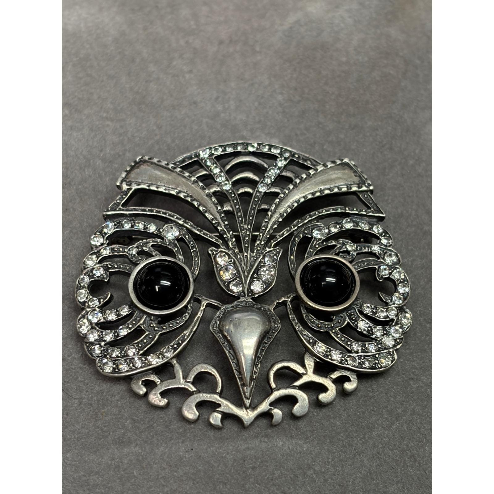 Vintage Mma Sterling Silver Owl Brooch Pin Rhinestone Black Onyx Eyes